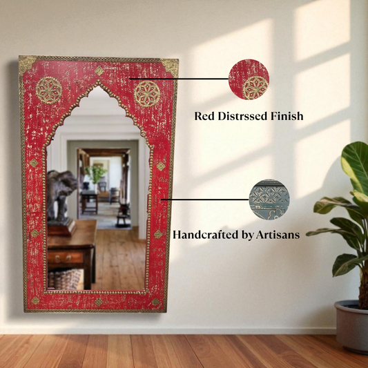 Raj Mahal Red Arch Carved Mirror – 3 Feet