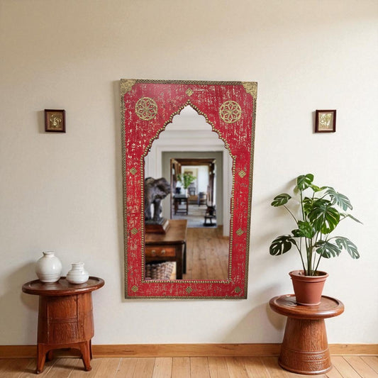 Raj Mahal Red Arch Carved Mirror – 3 Feet
