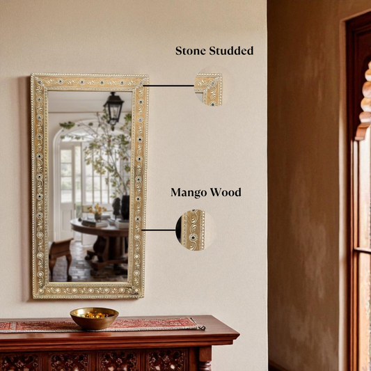 Nazaara Antique Gold Mirror with Stone Detailing – 3 Feet
