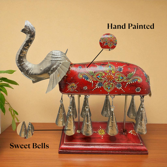 Hand painted Elephant Figurine with Bells - Red