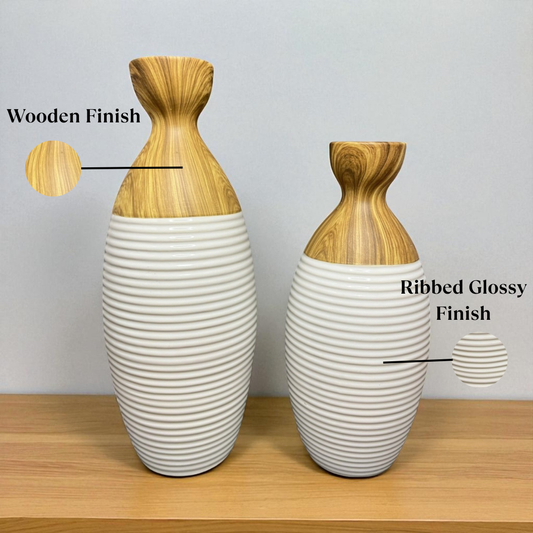 Modern Ceramic & Wood Vase Set