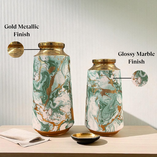 Green & Gold Marble Finish Vase Set