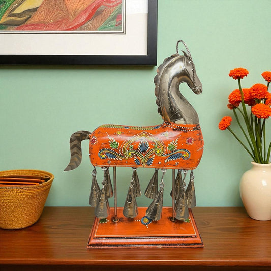 Handpainted Horse Figurine with Bells - Orange