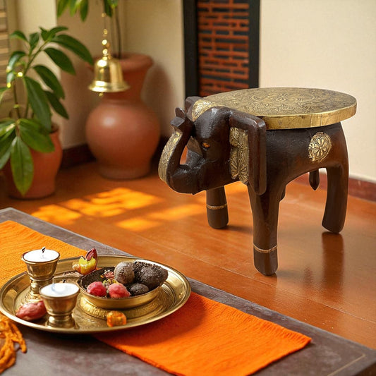 Handcrafted Wooden Elephant Stool - Brown with Brass
