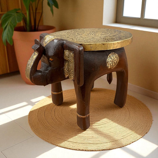 Handcrafted Wooden Elephant Stool - Brown with Brass