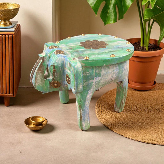 Handcrafted Wooden Elephant Stool - Green