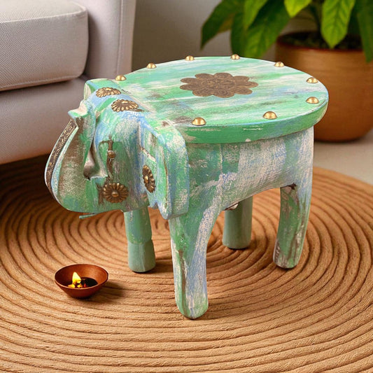 Handcrafted Wooden Elephant Stool - Green