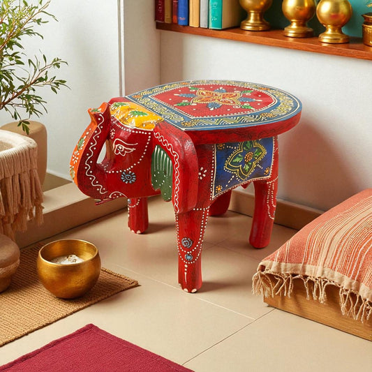 Handcrafted Wooden Elephant Stool - Red