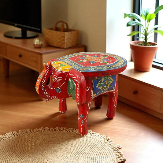 Handcrafted Wooden Elephant Stool - Red