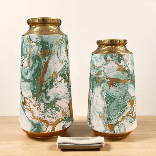 Green & Gold Marble Finish Vase Set