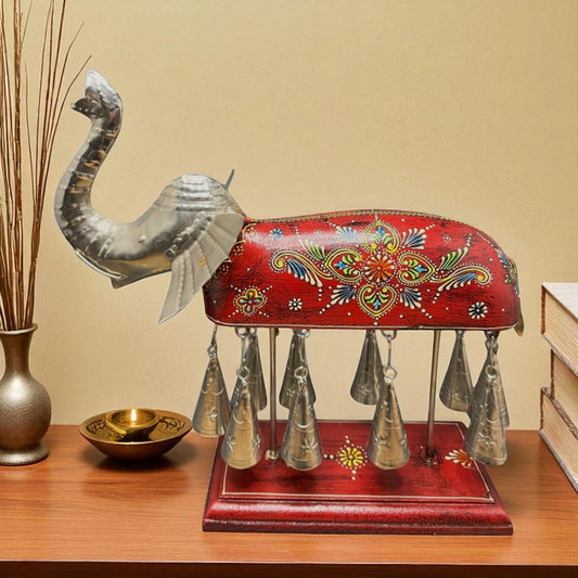 Hand painted Elephant Figurine with Bells - Red