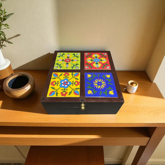 Hand Crafted Wooden Storage Box - 4 Tile