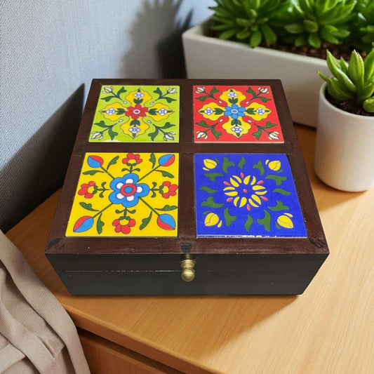 Hand Crafted Wooden Storage Box - 4 Tile