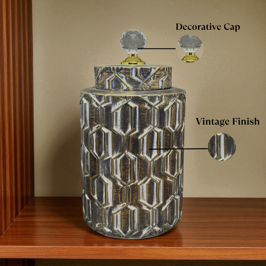 Vintage Geometric Decorative Jar with Crystal Knob