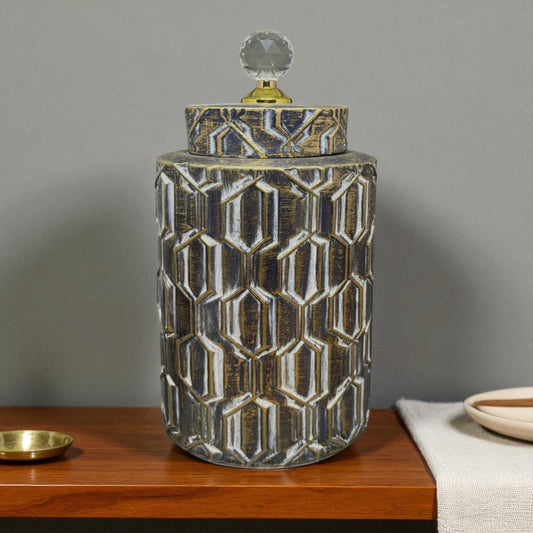 Vintage Geometric Decorative Jar with Crystal Knob