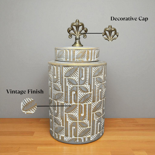 Vintage Leaf-Embossed Decorative Jar