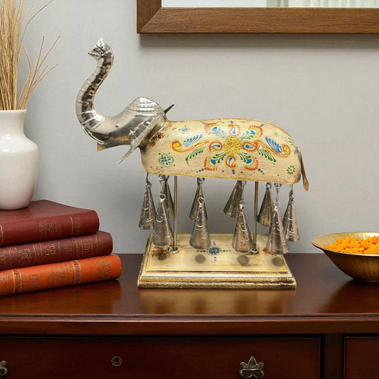 Hand painted Elephant Figurine with Bells - White