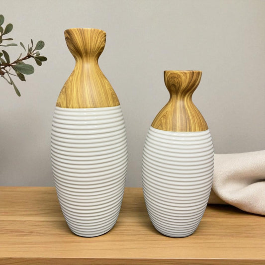 Modern Ceramic & Wood Vase Set