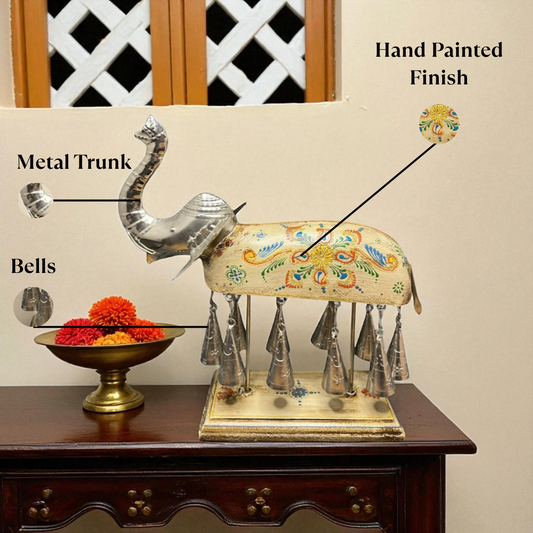 Hand painted Elephant Figurine with Bells - White