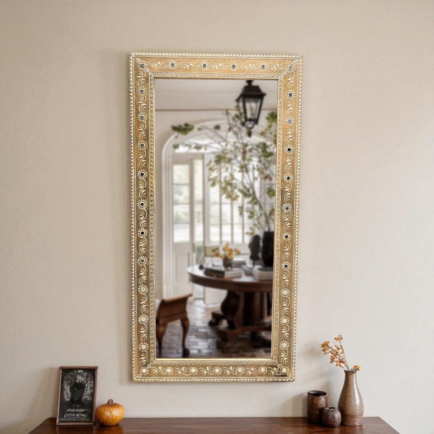 Nazaara Antique Gold Mirror with Stone Detailing – 3 Feet