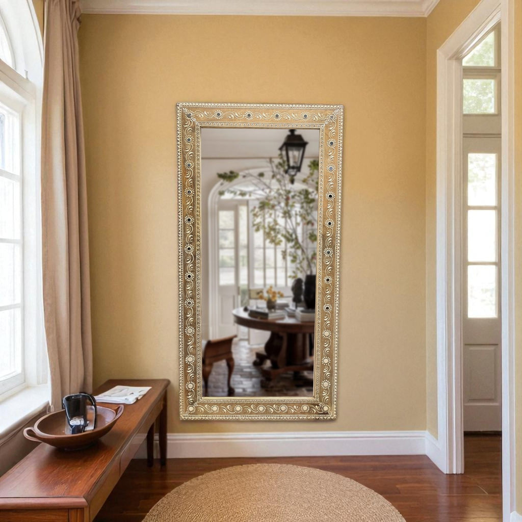 Nazaara Antique Gold Mirror with Stone Detailing – 3 Feet