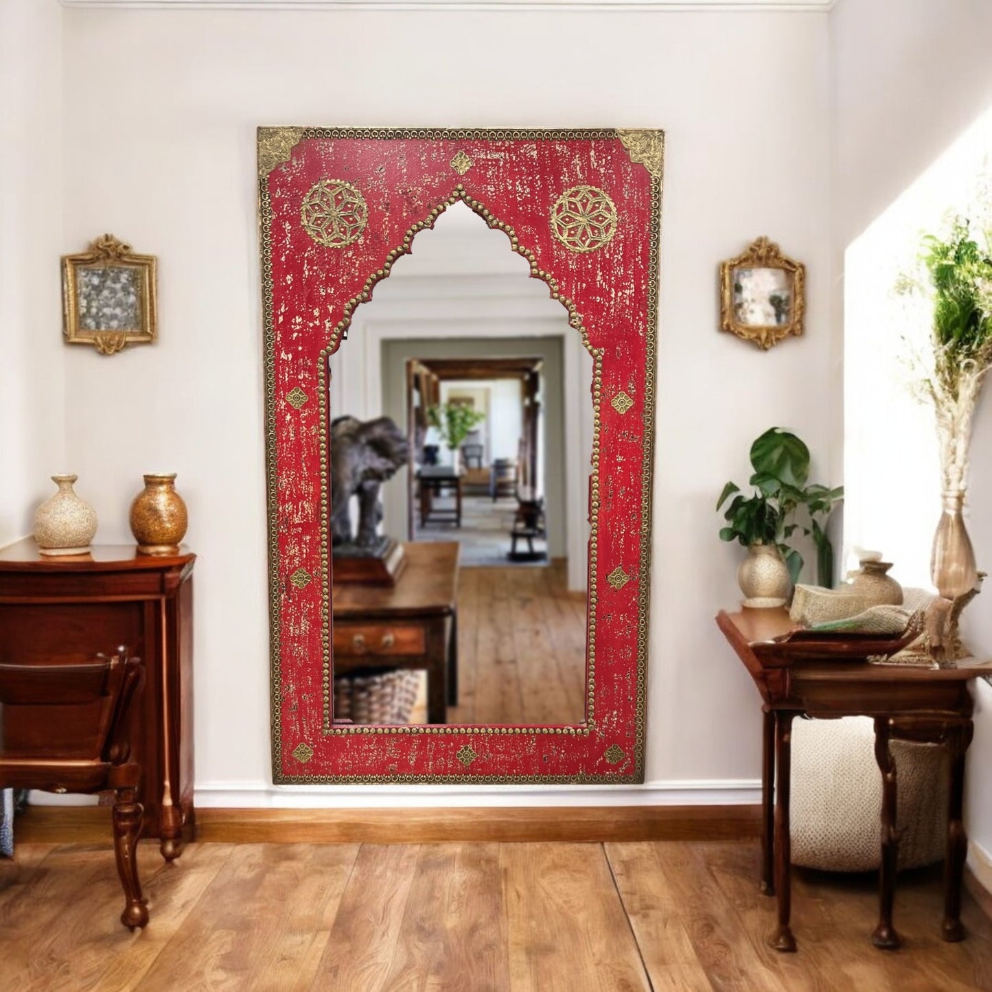 Raj Mahal Red Arch Carved Mirror – 3 Feet