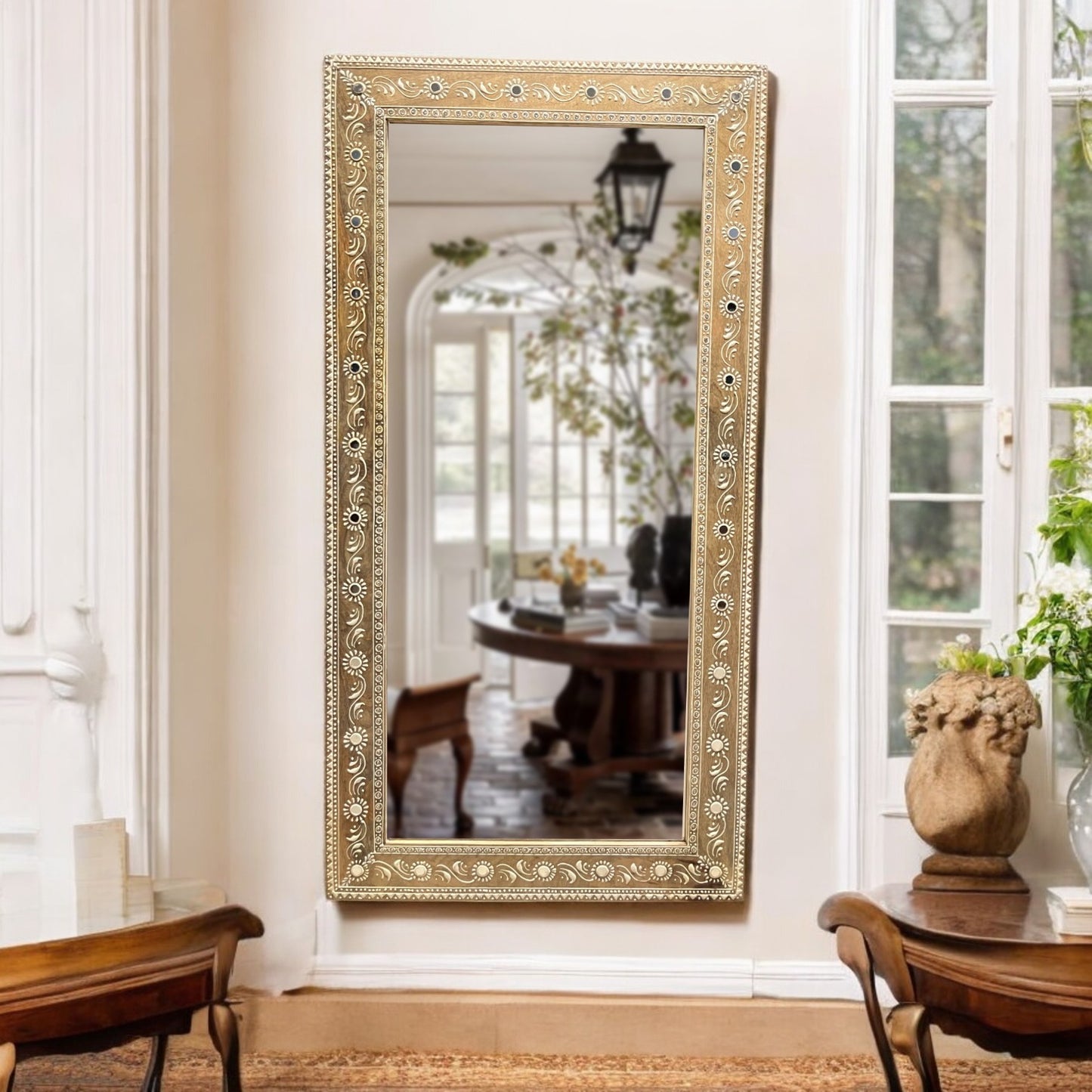 Nazaara Antique Gold Mirror with Stone Detailing – 3 Feet