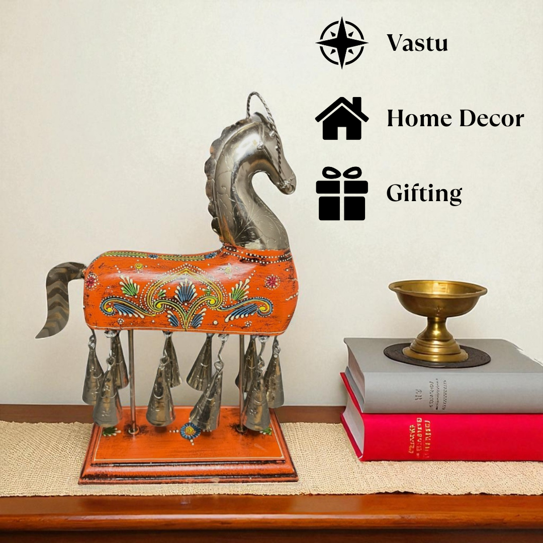 Handpainted Horse Figurine with Bells - Orange