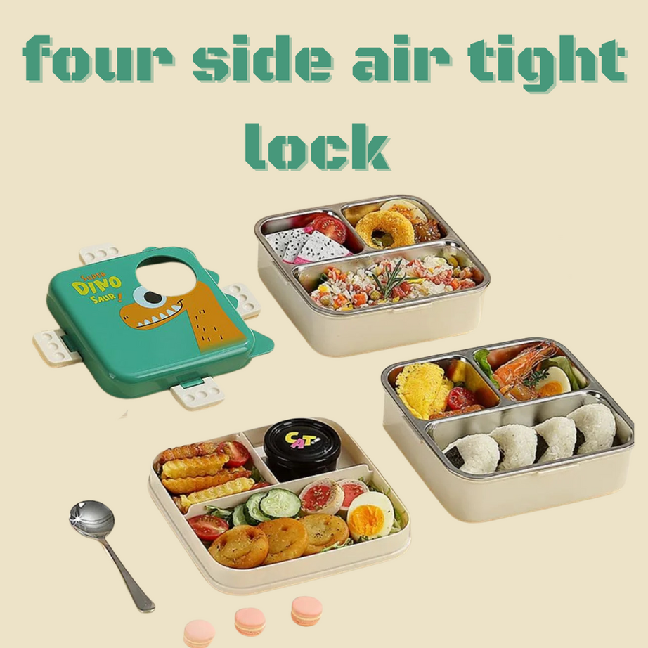 Bento box set with various compartments filled with food, featuring a 'Dino' design on the lid.