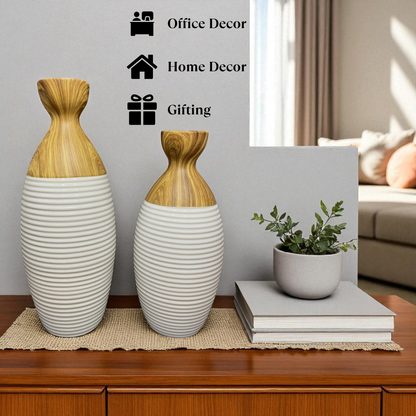 Modern Ceramic & Wood Vase Set