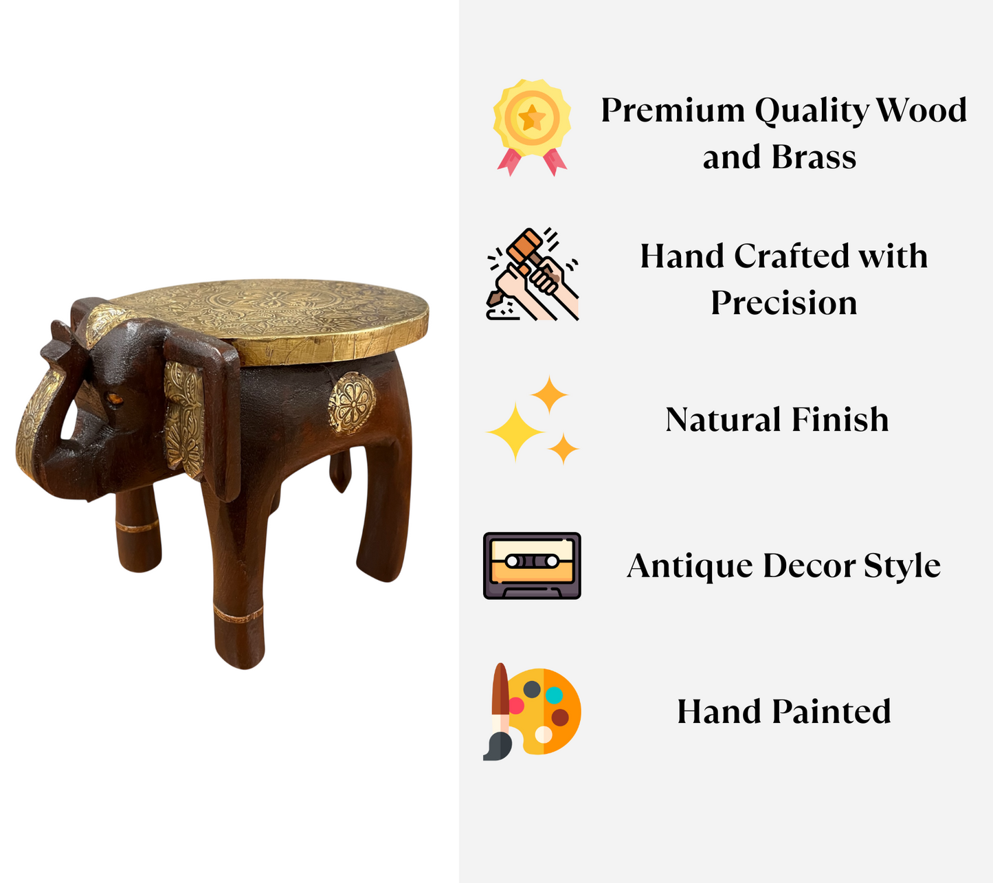 Handcrafted Wooden Elephant Stool - Brown with Brass