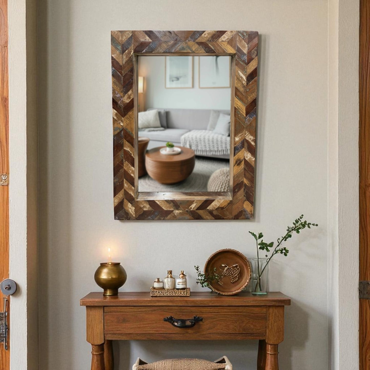 Distressed Wooden Patterned Mirror
