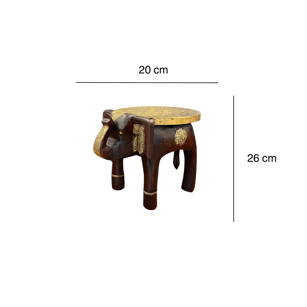 Handcrafted Wooden Elephant Stool - Brown with Brass