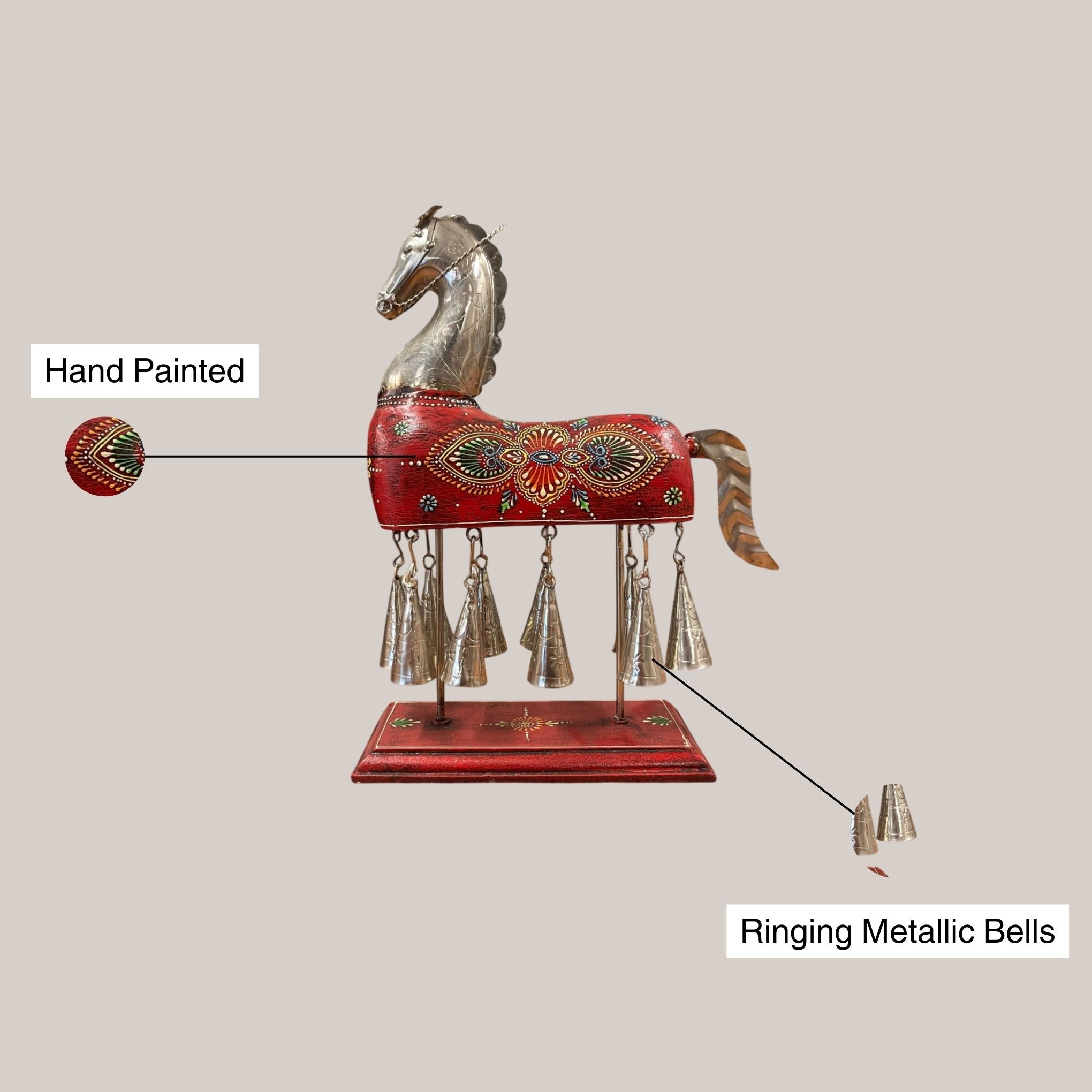 Handcpainted Horse Figurine with Bells - Red