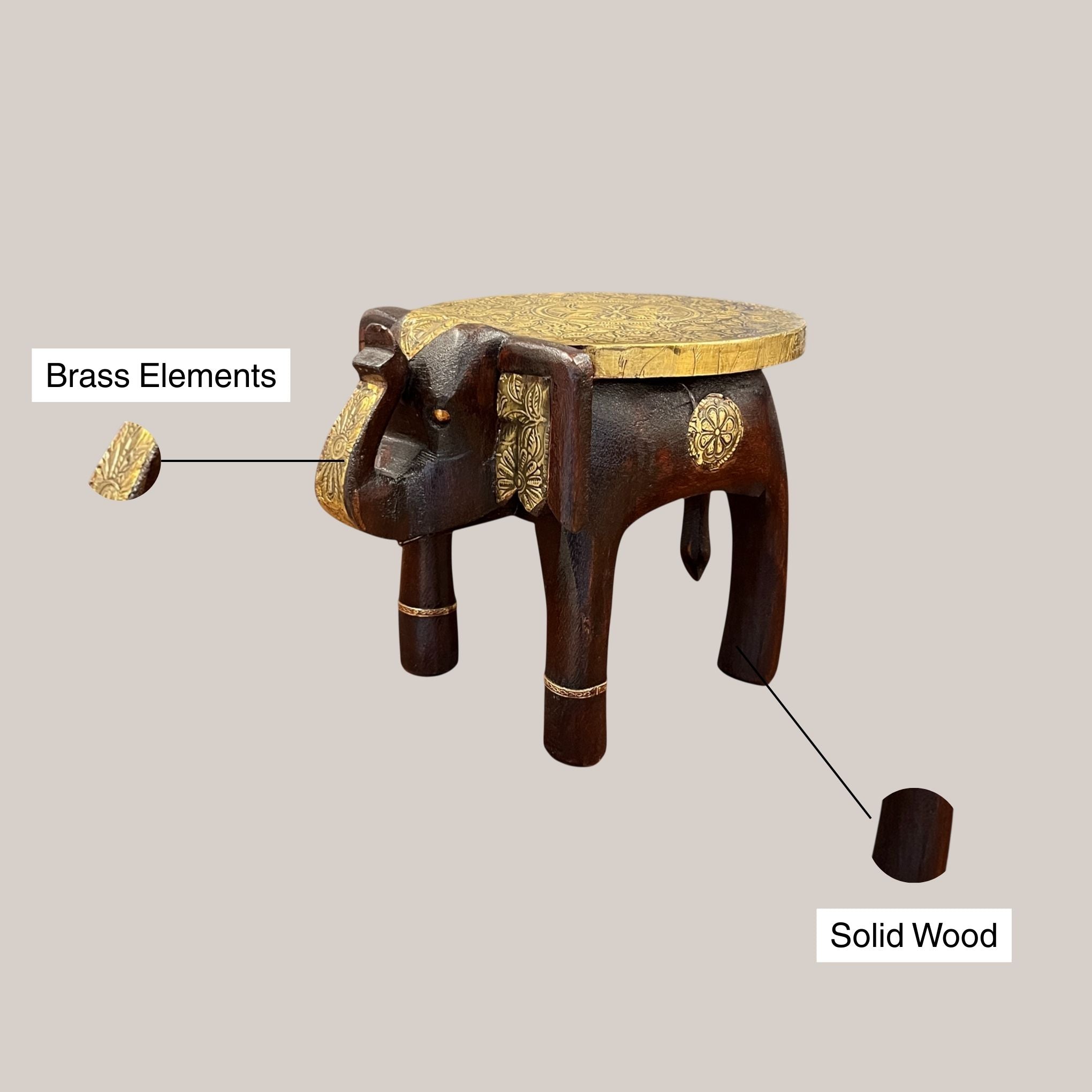 Handcrafted Wooden Elephant Stool - Brown with Brass