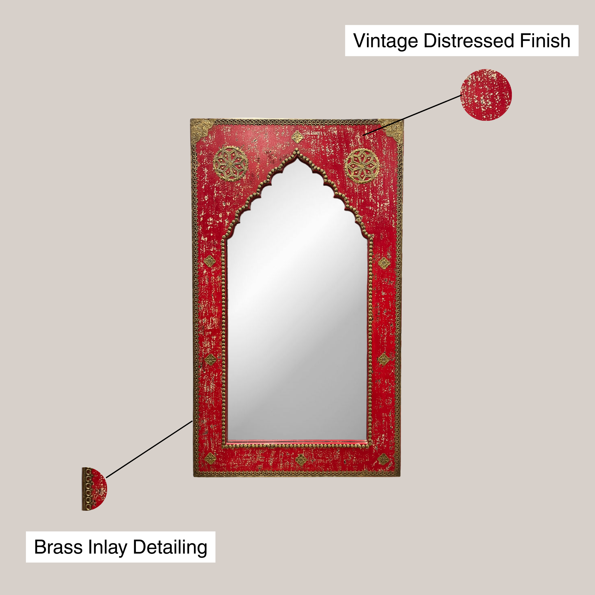Raj Mahal Red Arch Carved Mirror – 3 Feet