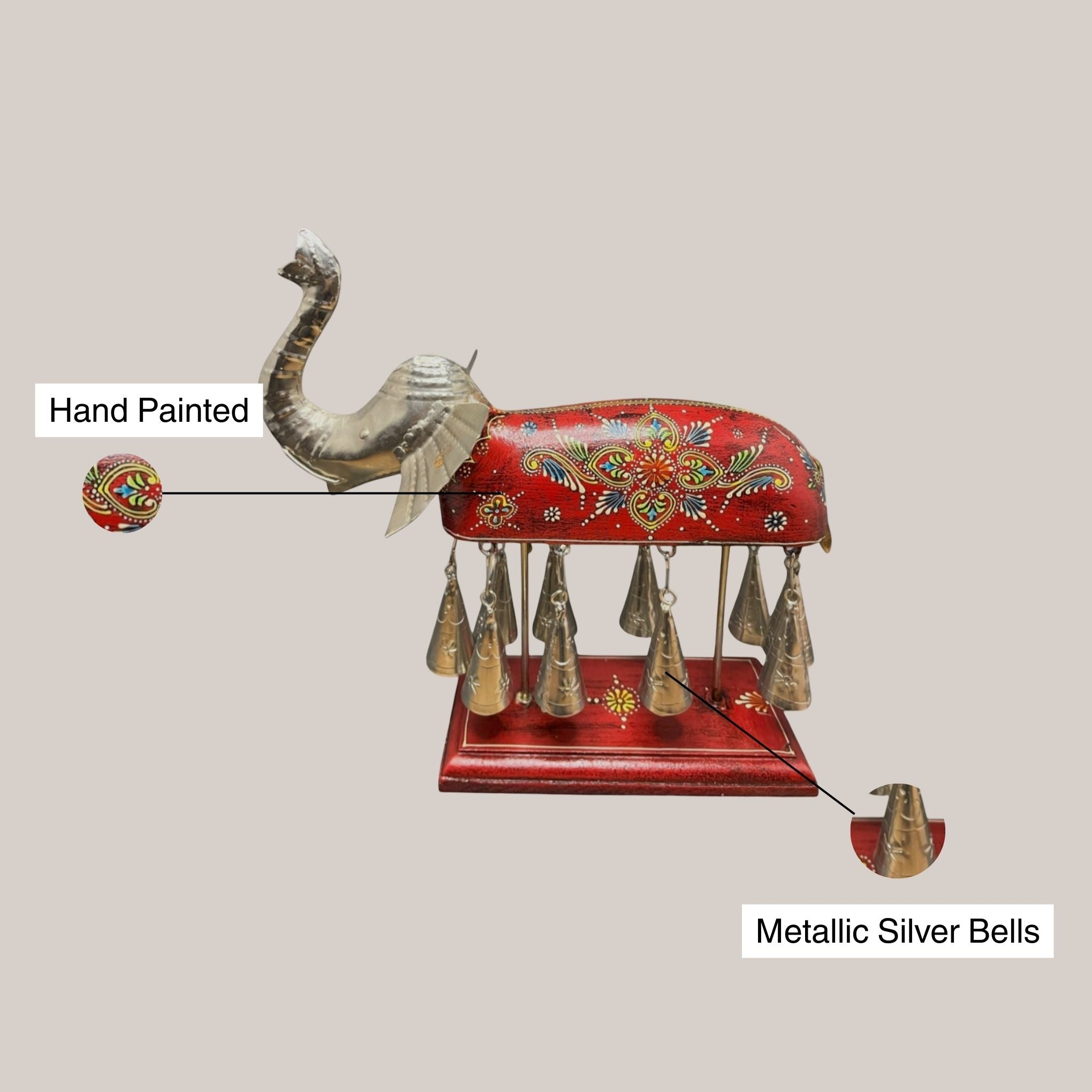 Hand painted Elephant Figurine with Bells - Red