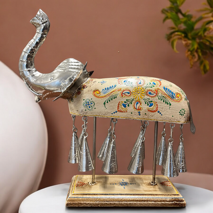 Hand painted Elephant Figurine with Bells - White