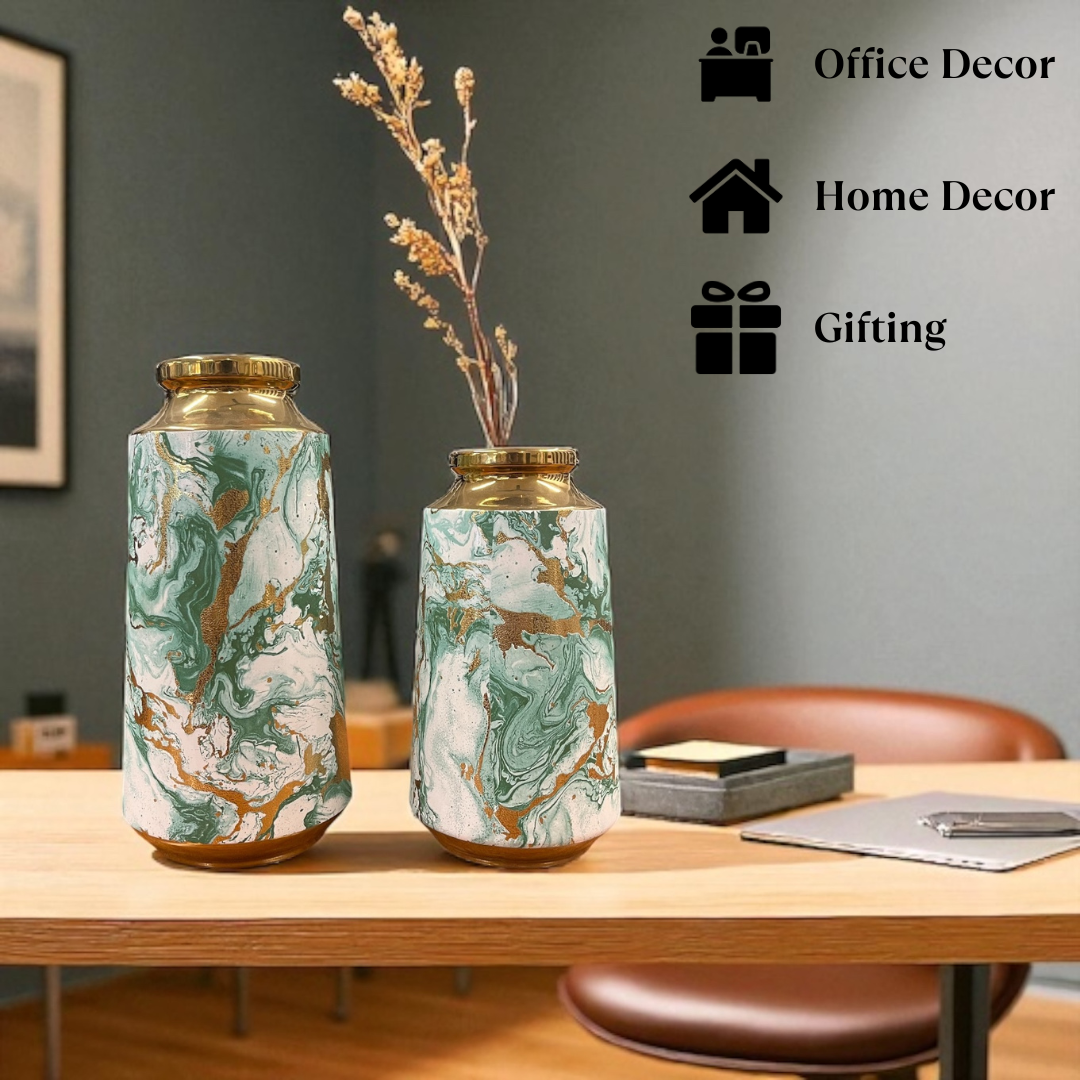 Green & Gold Marble Finish Vase Set