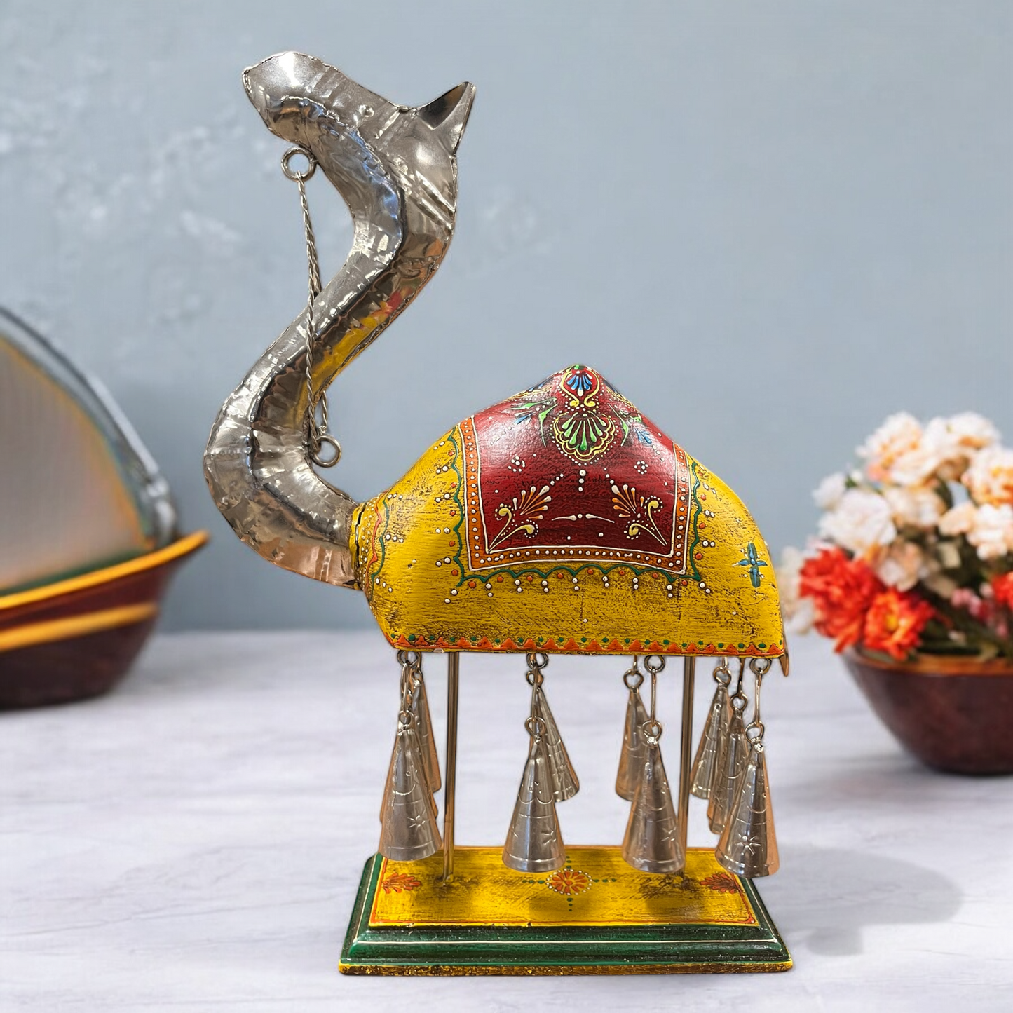 Handpainted Camel Figurine with Bells - Yellow