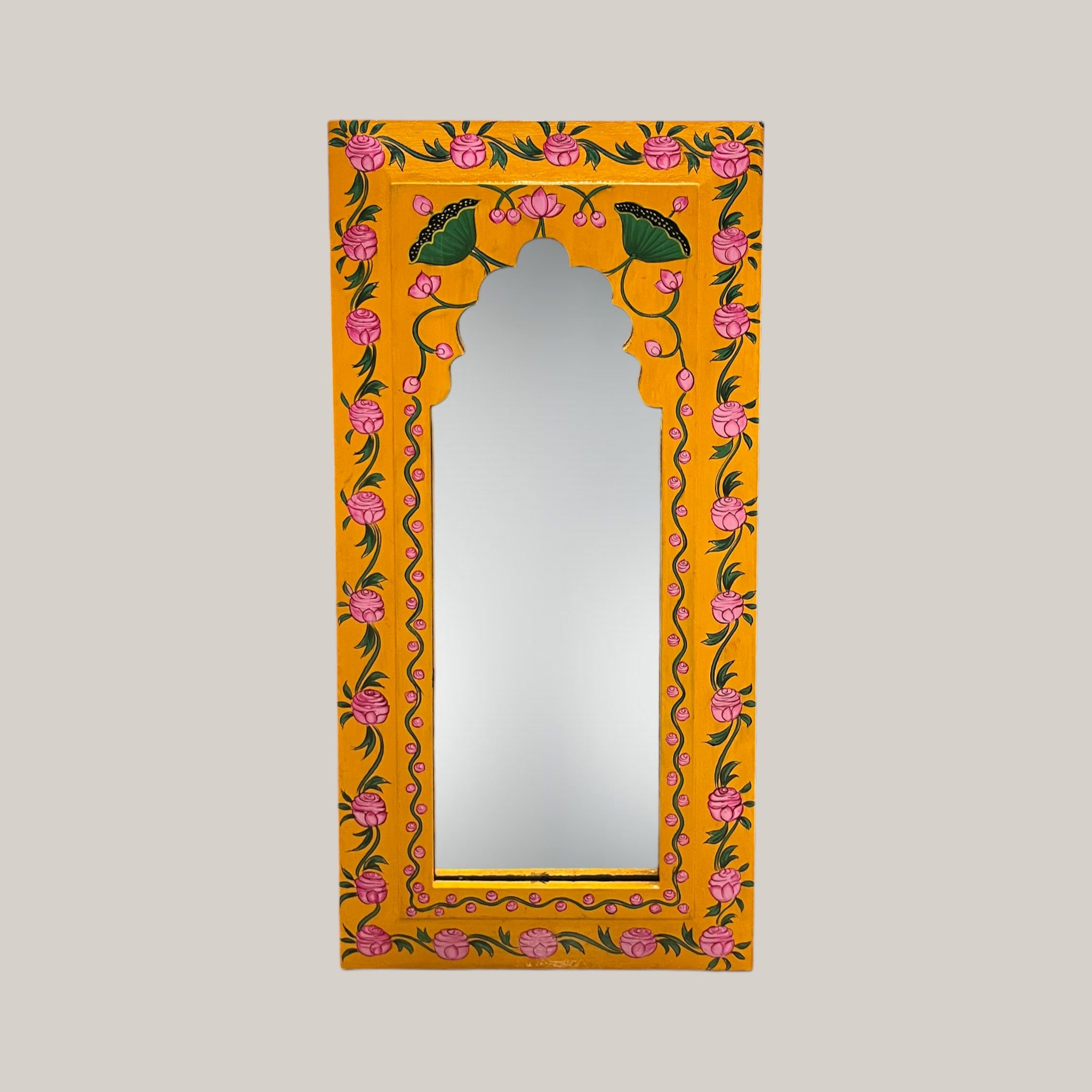 Hand Painted Yellow Mirror (Green Flower)
