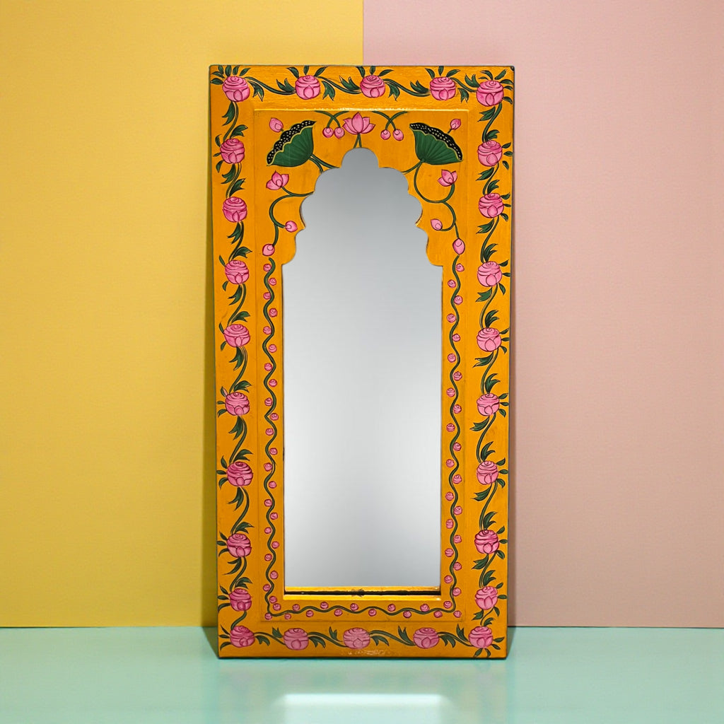 Hand Painted Yellow Mirror (Green Flower)