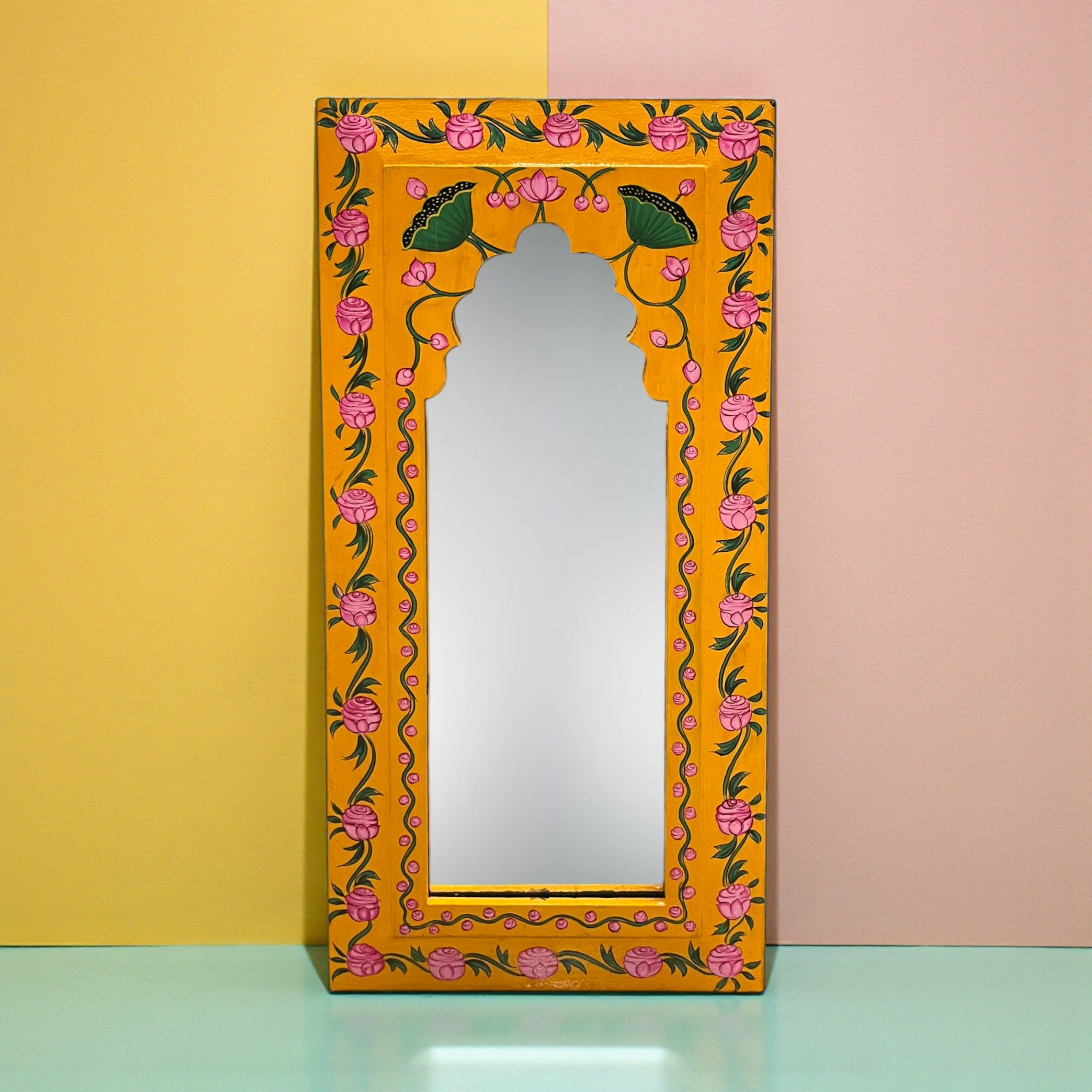 Hand Painted Yellow Mirror (Green Flower)