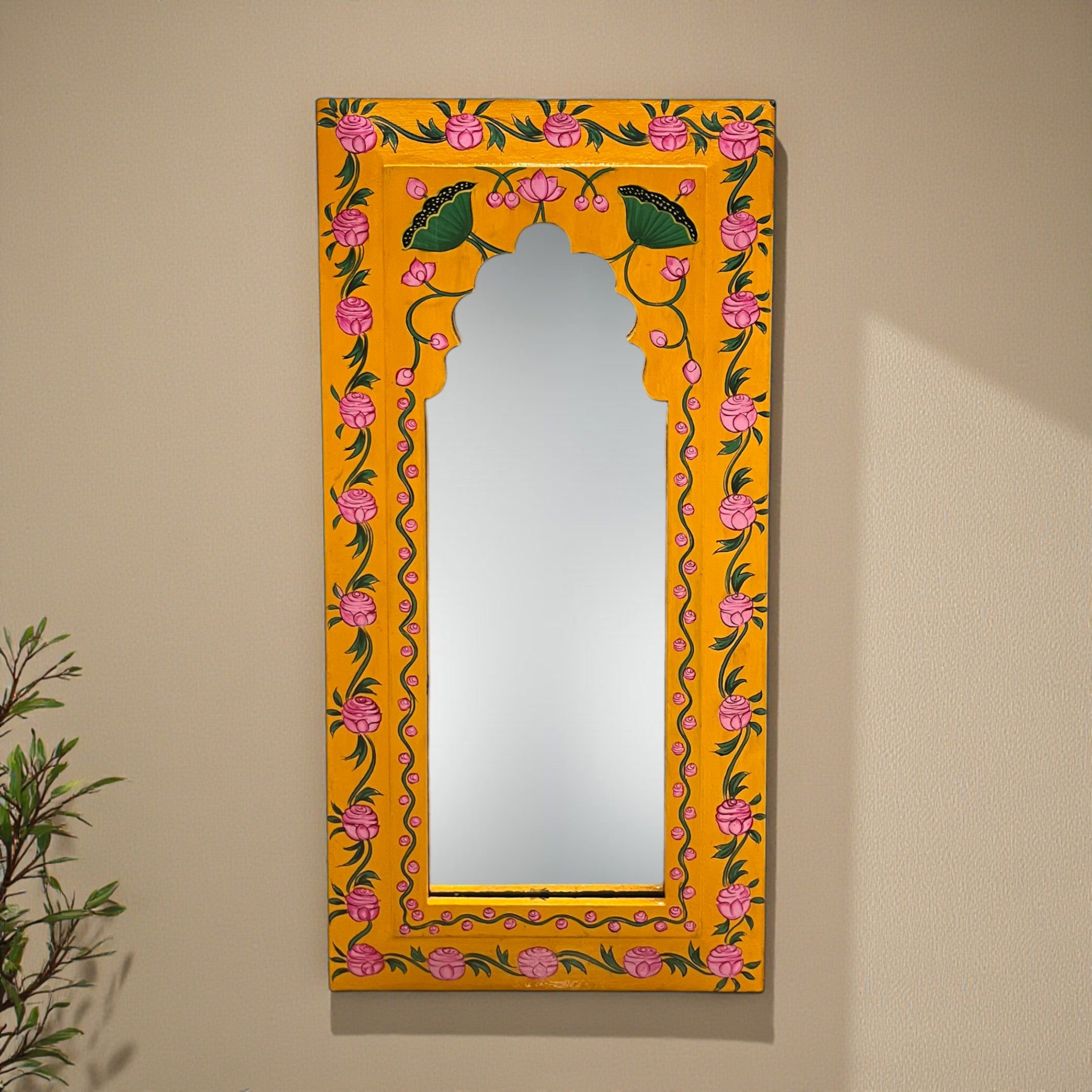 Hand Painted Yellow Mirror (Green Flower)