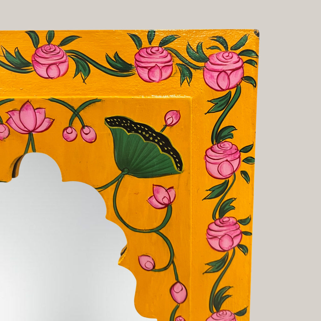 Hand Painted Yellow Mirror (Green Flower)