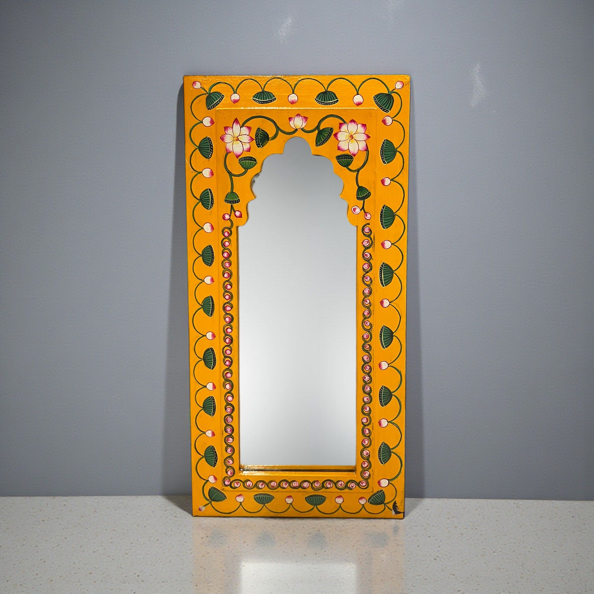 Hand Painted Yellow Mirror (White Flower)