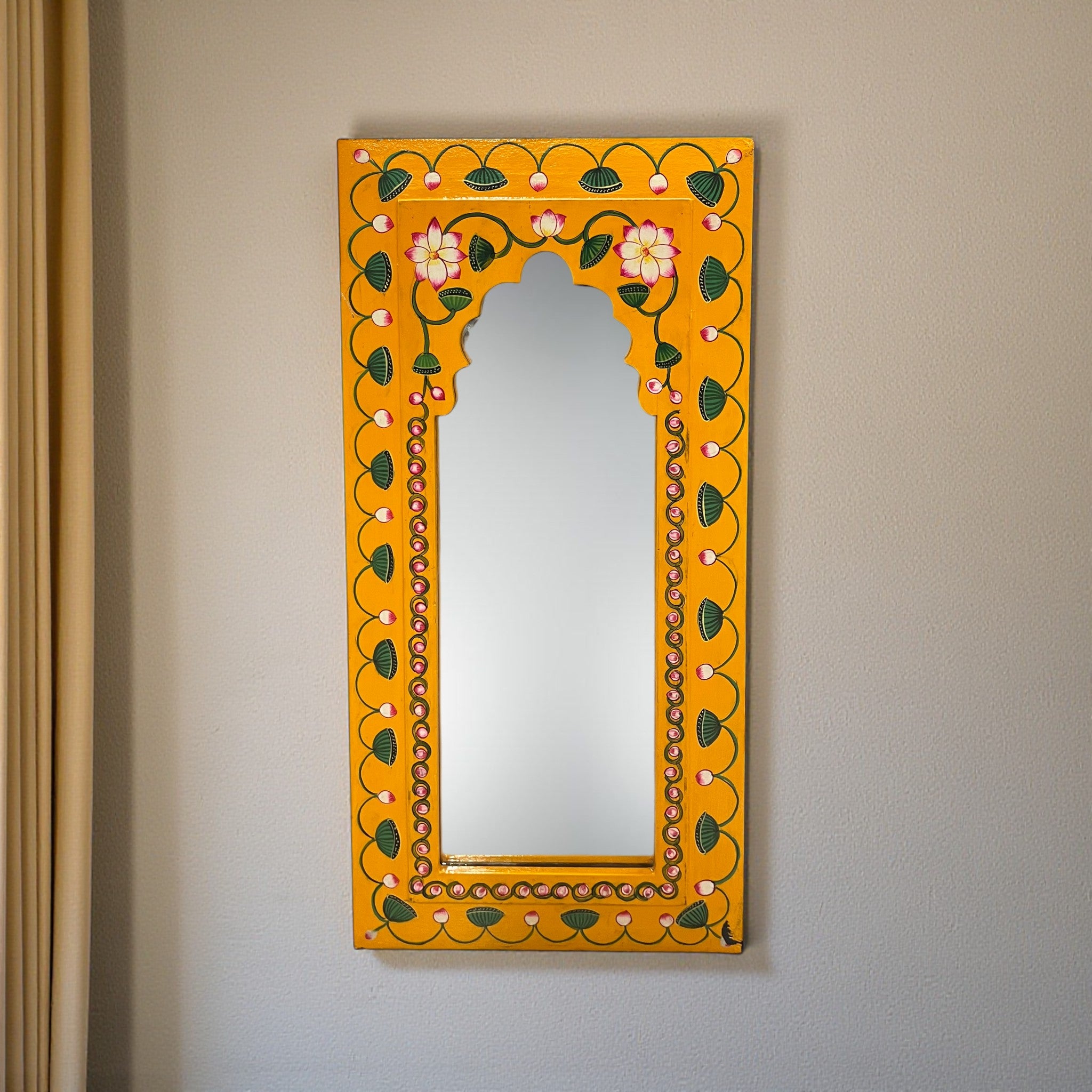 Hand Painted Yellow Mirror (White Flower)