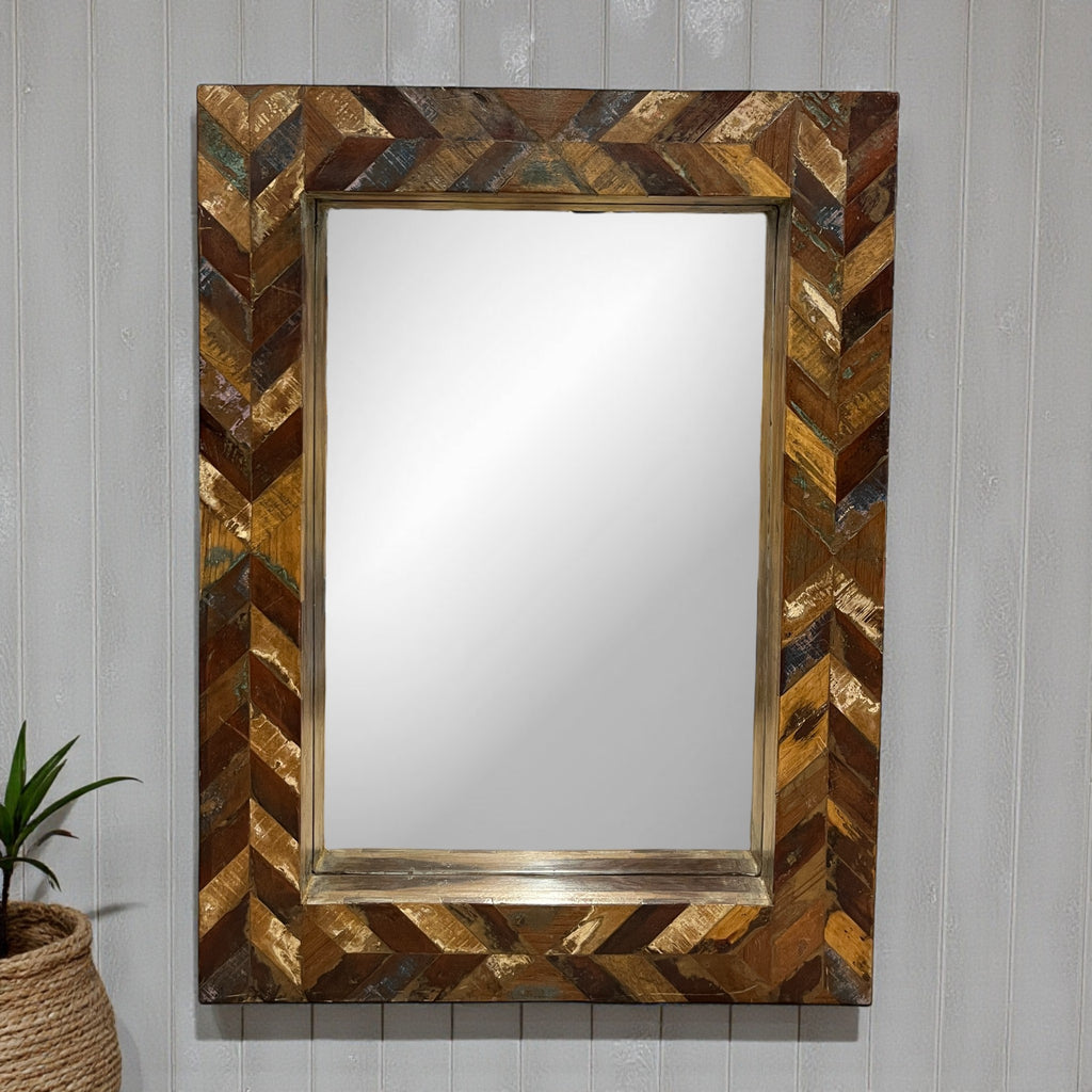 Distressed Wooden Patterned Mirror