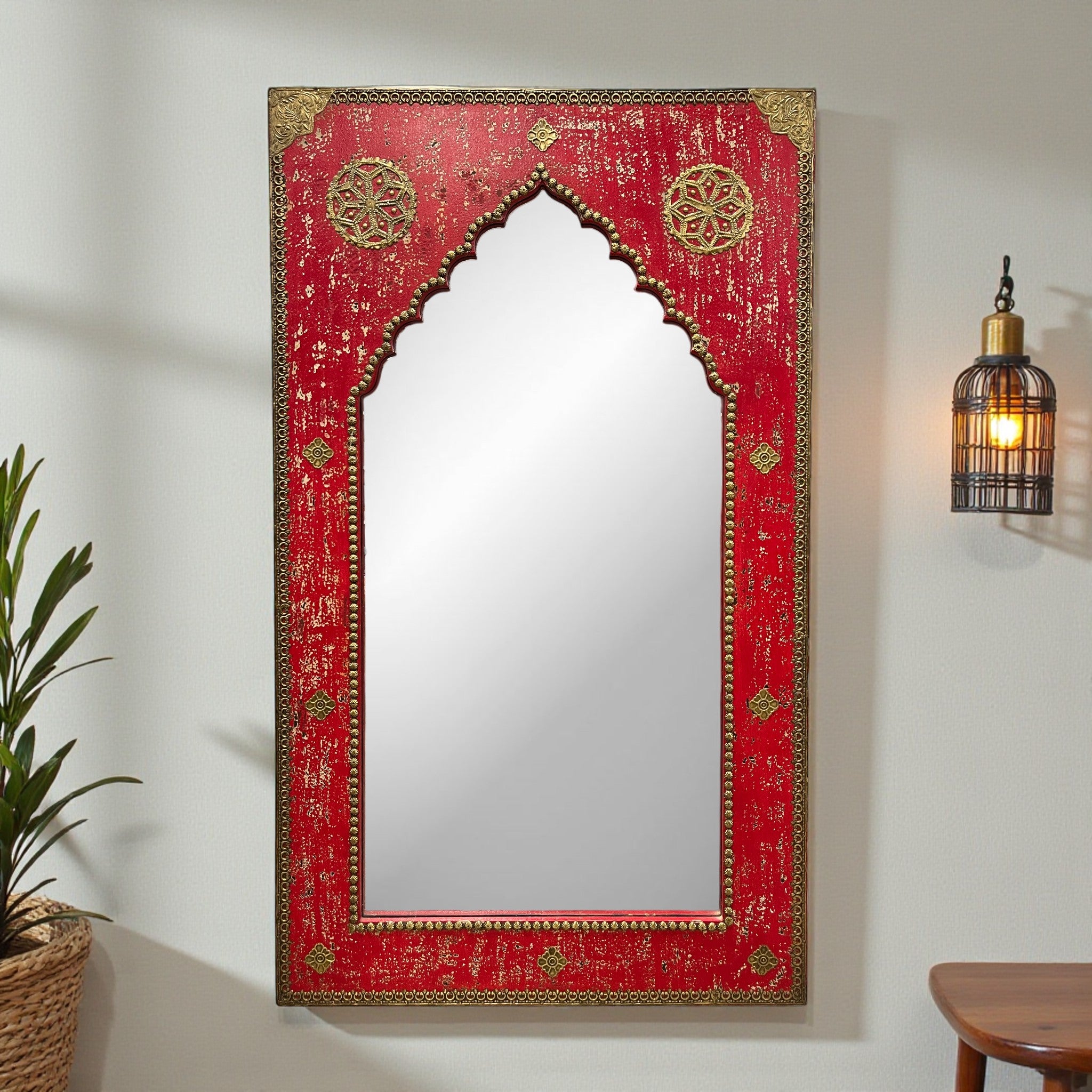 Raj Mahal Red Arch Carved Mirror – 3 Feet