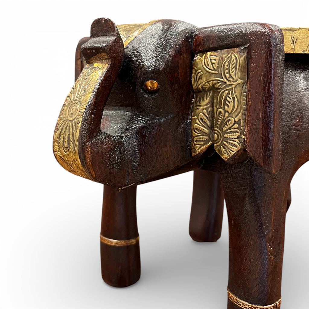 Handcrafted Wooden Elephant Stool - Brown with Brass